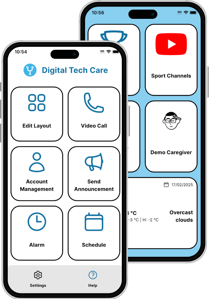 Two phones displaying the caregiver and senior apps